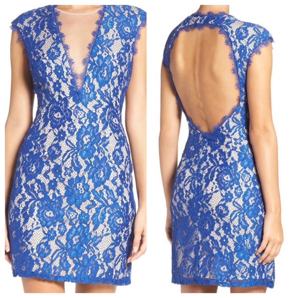 Aidan by Aidan Mattox Blue and Cream Open Back Floral Lace Mini Dress Size 0